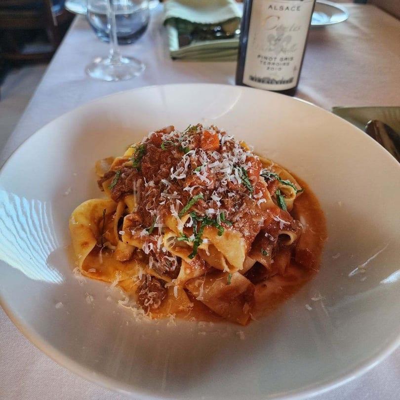 A close-up of pappardelle pasta with a rich red sauce, grated cheese, and herbs in a white bowl.