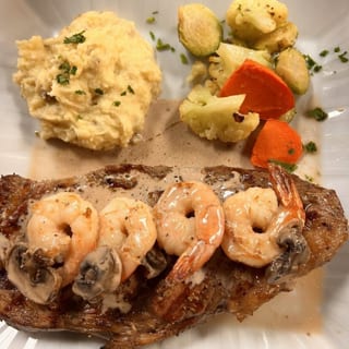 Rib Eye Steak and Prawns Plate